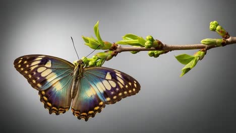 a stunning transformation: capturing the elegance of a butterfly in motion as it flutters around fresh green foliage on a delicate branch