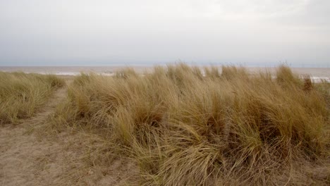 Mirando-A-Través-De-Las-Dunas-De-Arena,-Hierba-Marram-Y-Camino.