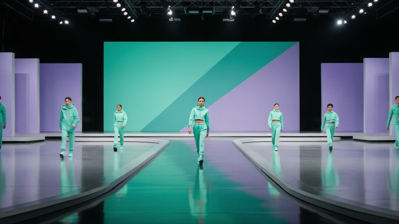Fashion Show Featuring Models on a Runway Dressed in Matching Mint Green Athletic Wear with Modern Stage Design Emphasizing Contemporary Style and Minimalism