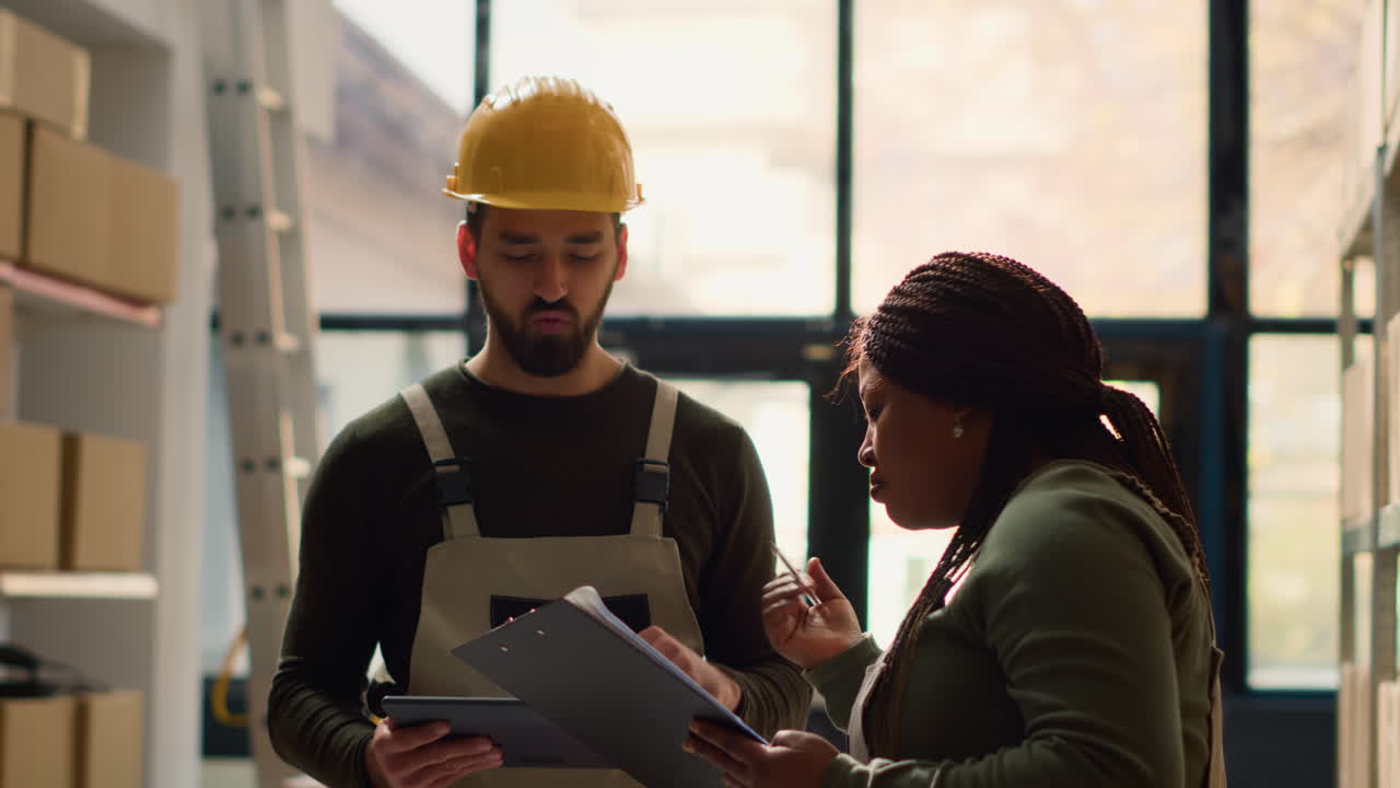 Construction Worker and Woman Meeting in Warehouse