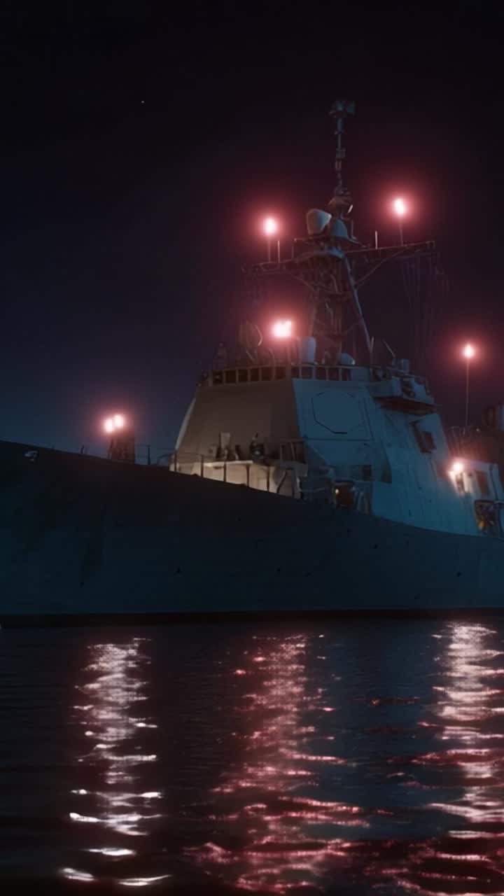 Illuminated Naval Ship Docked at Night with Reflections on Water Beneath, Showcasing Lights, Maritime Equipment, and Security Features in a Dark Atmosphere