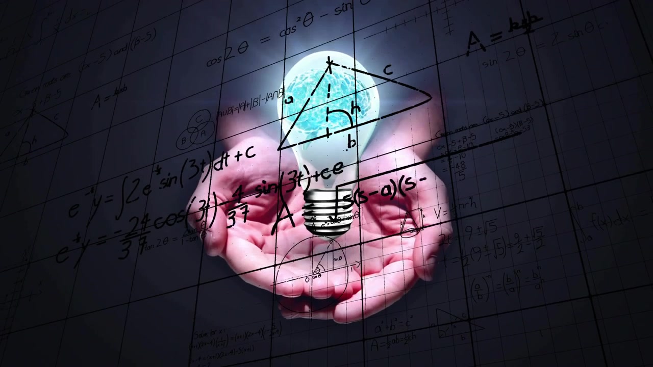 Human Hands Holding a Glowing Light Bulb with Brain and Mathematical Formulas