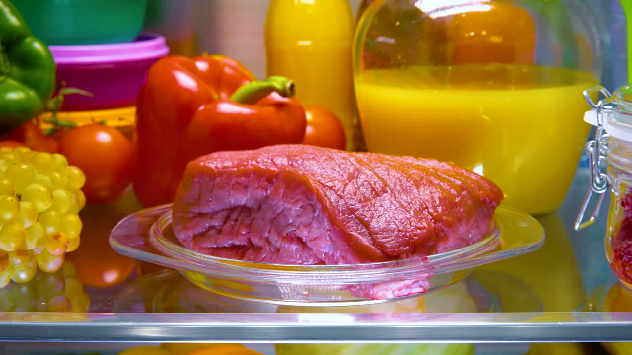 carne cruda fresca en un refrigerador abierto