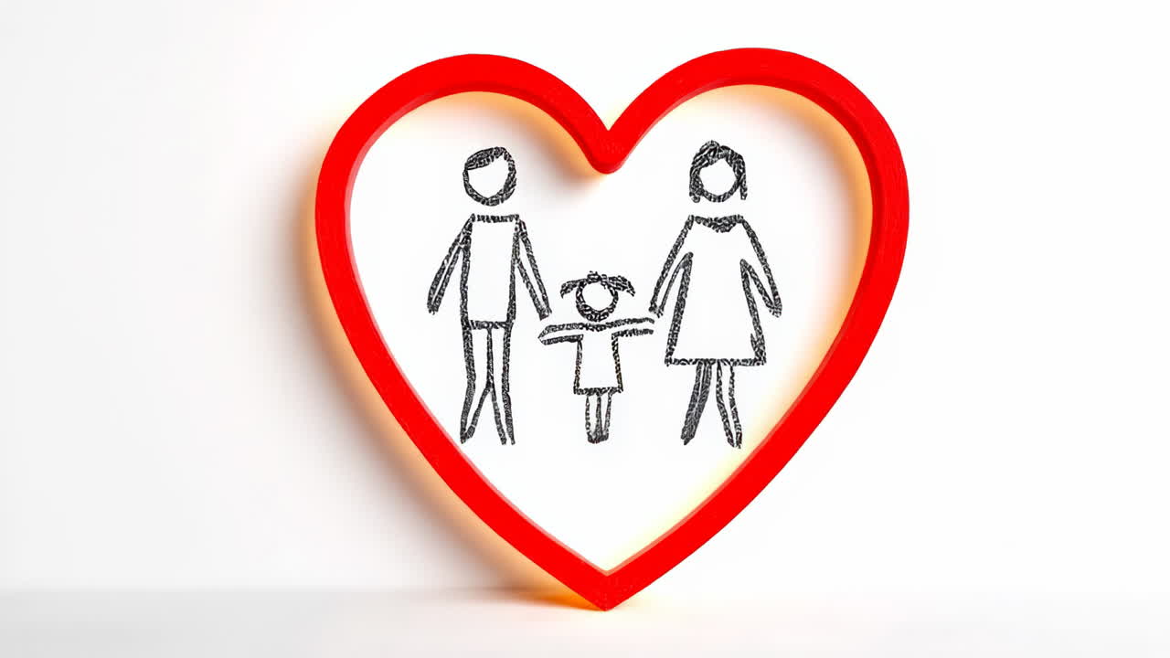 Heart shape with family drawing inside. A red heart shape displays a simple sketch of a family consisting of parents and a child, symbolizing love and unity
