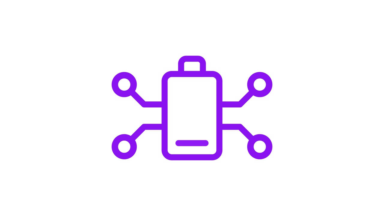 Icône animée de batterie violette en charge avec des connexions réseau