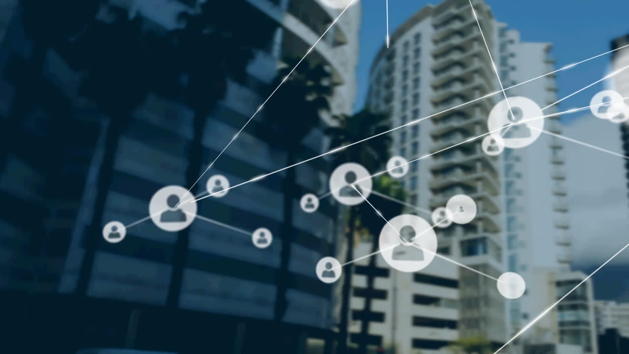 Animación de red de conexiones con iconos sobre un edificio moderno