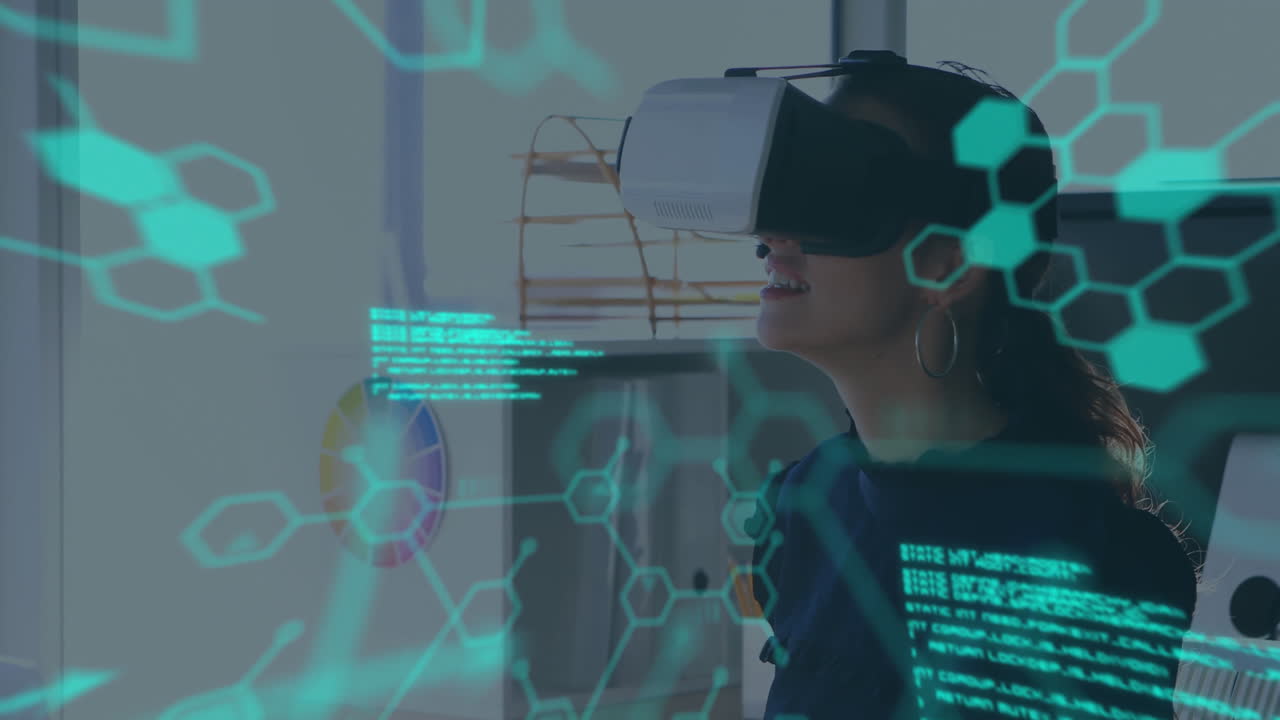 Scientific data with woman wearing VR headset in a background 4k