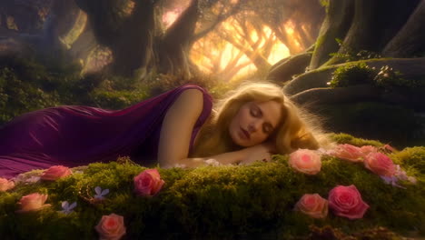 sleeping beauty in an enchanted forest with roses