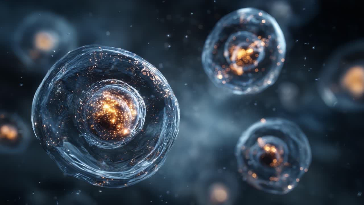 Exploring the Intricate World of Cellular Structures: A Stunning View of Microscopic Cells with Glimmering Inner Complexity and Dynamic Movement