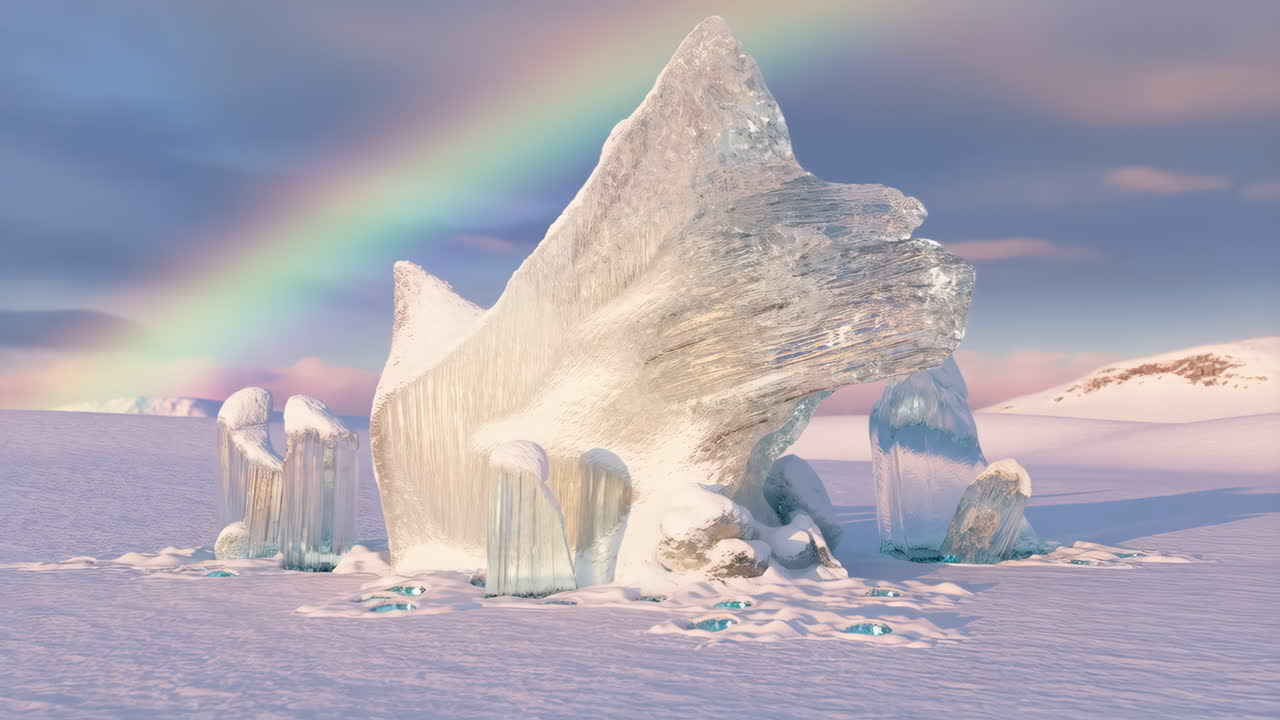 Gigantische ijsformaties onder een regenboog in een besneeuwd landschap