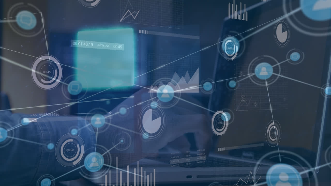 프로필 아이콘의 애니메이션, 사무실에서 노트북으로 일하는 백인 사업가에 대한 그래프 데이터