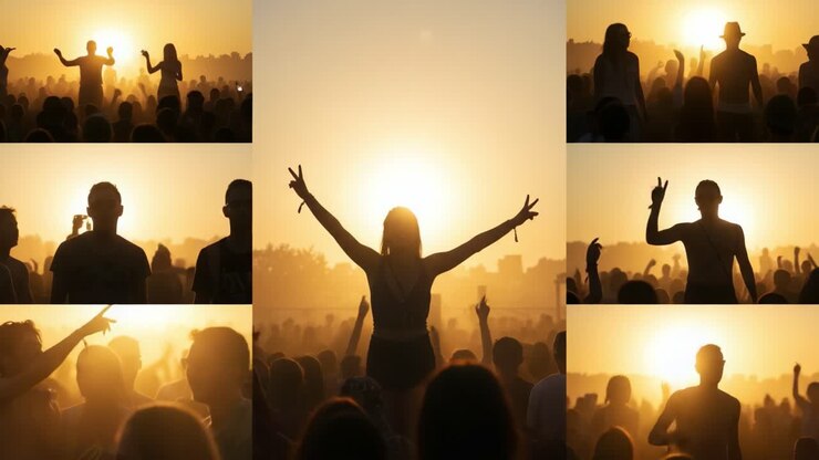 Momenti di Festa al Tramonto: Gruppi si Dedicano a Festeggiamenti Gioiosi Contro lo Sfondo di un Tramonto Radioso Durante un Vivace Raduno Pieno di Energia ed Entusiasmo
