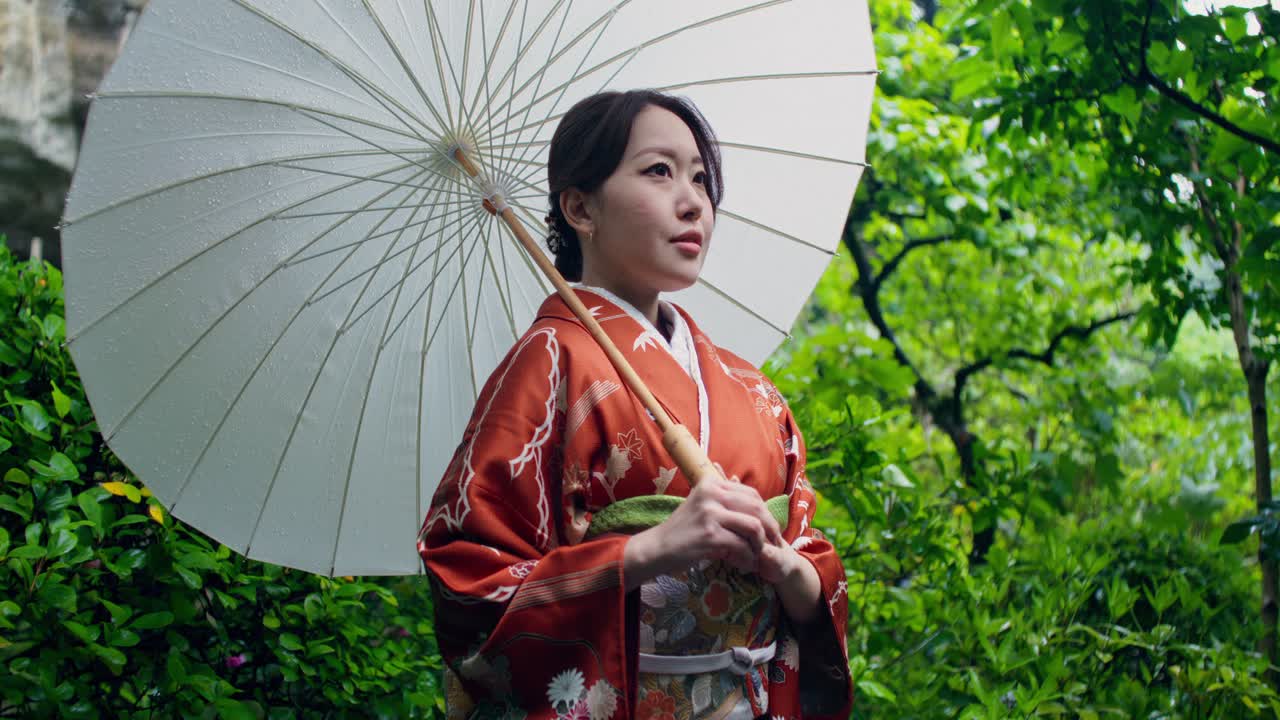 Woman in Kimono with Umbrella in a Japanese Garden