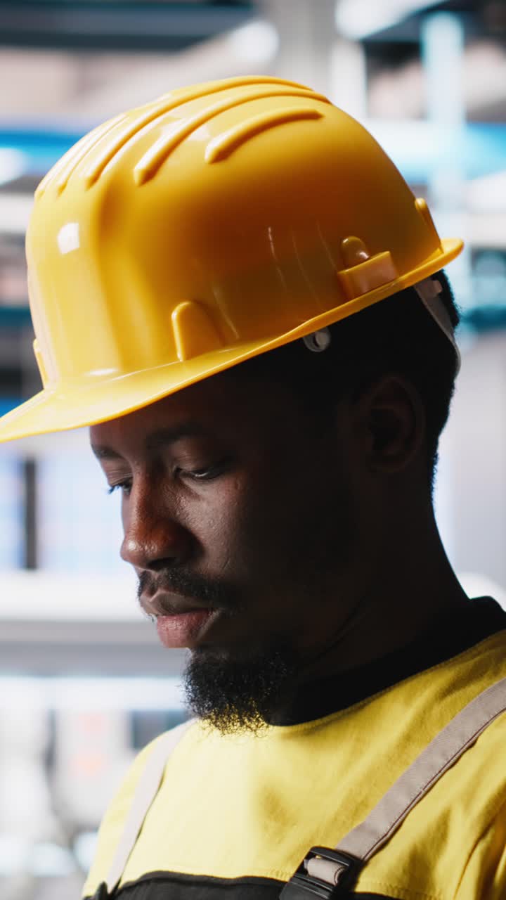 Vertical Video Photovoltaics factory technician optimizing production flow using laptop