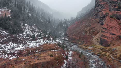 Aerial-Flying-Forward-shot-of-heavy-Snowfall-near-the-Manalsu-River-in-a-Valley-with-huge-Pine-Trees-in-Manali,-Himachal-Pradesh-shot-with-a-drone-in-4k