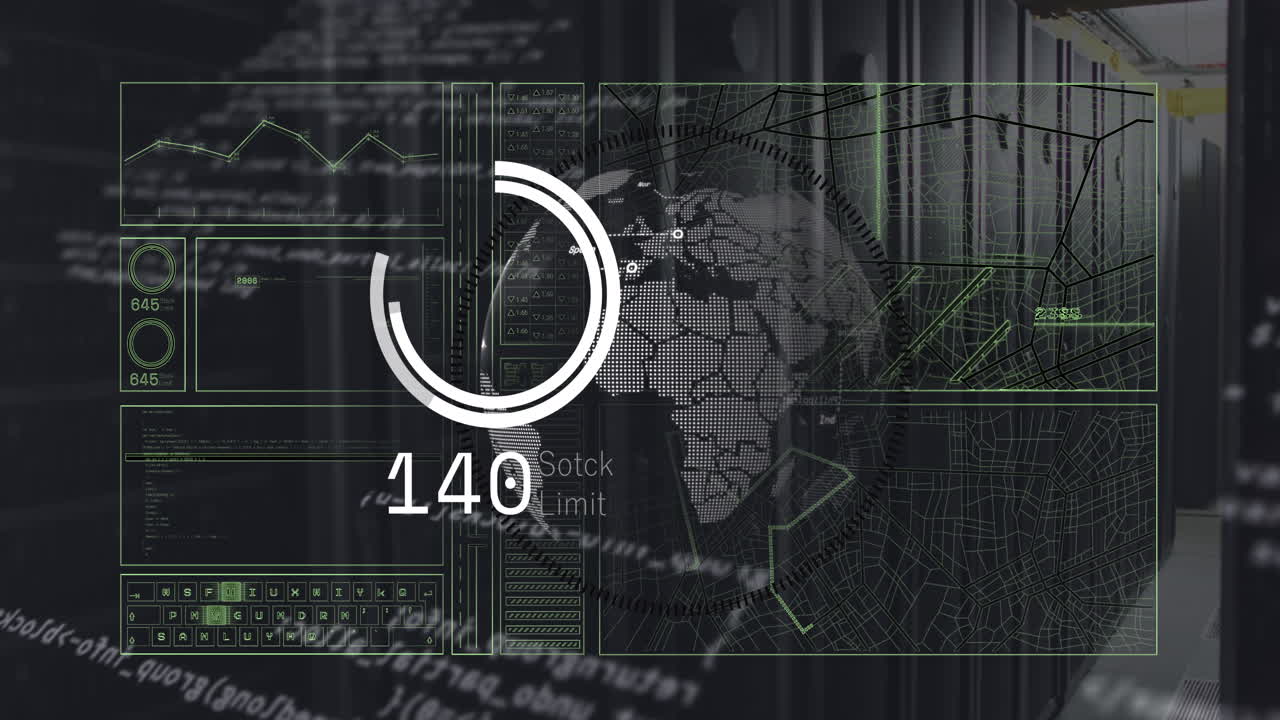 Animation of data processing over globe and computer servers