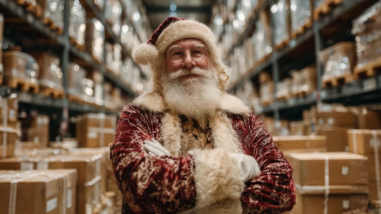 A Joyful Santa Claus Standout in a Warehouse Surrounded by Christmas Packages, Eagerly Preparing for the Holiday Season's Festivities and Deliveries