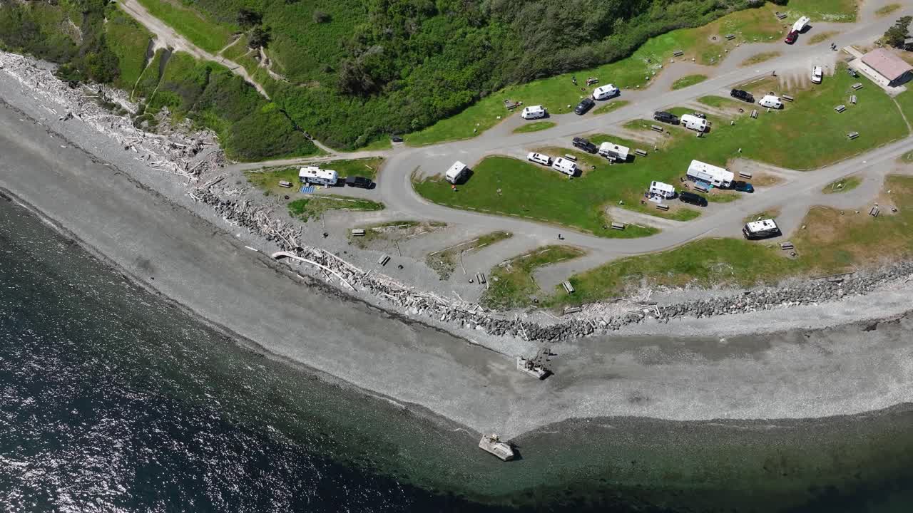 Drone shot of the Fort Casey campgrounds in Washington State.