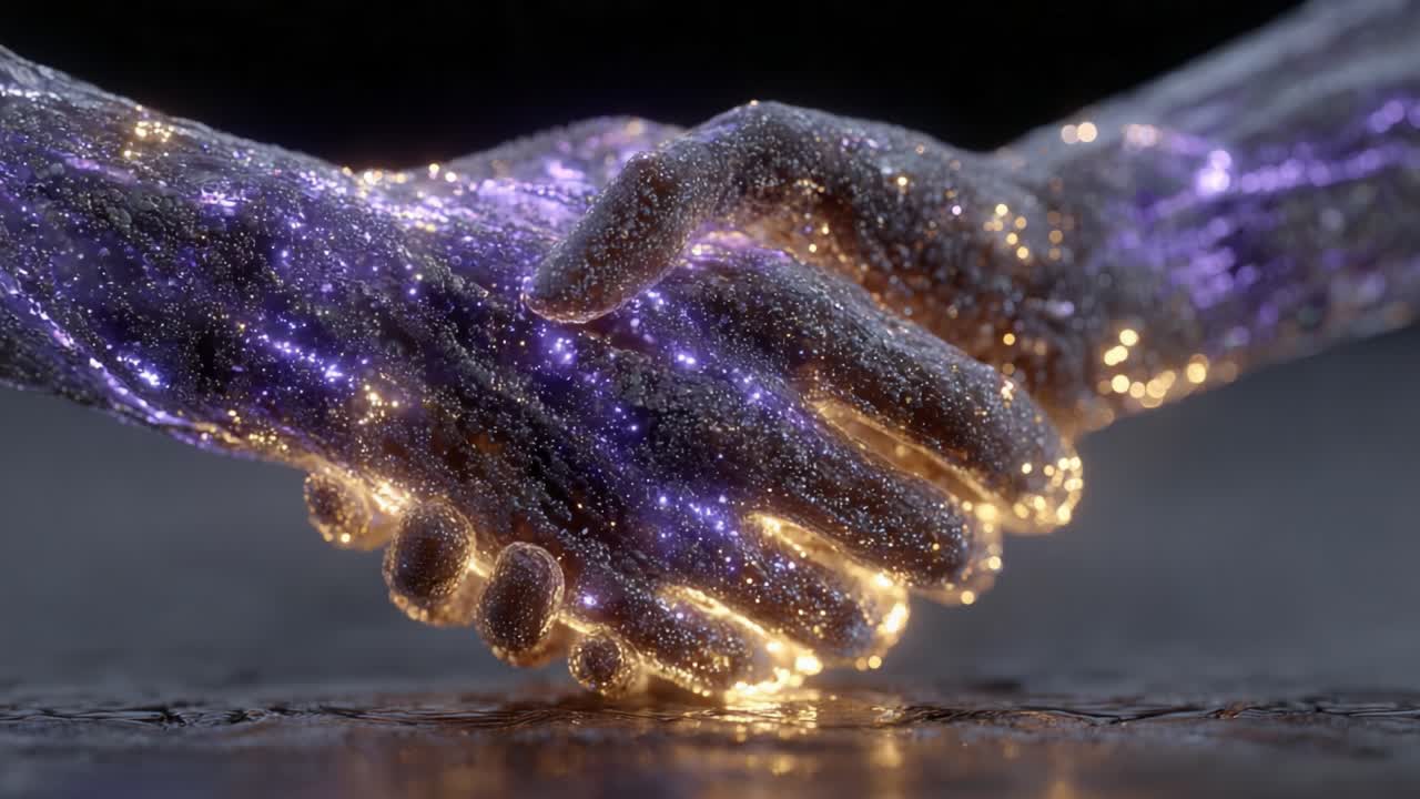 Two abstract hands made of luminous purple and gold particles forming a handshake, symbolizing a futuristic deal, partnership agreement, digital connection, and technological innovation