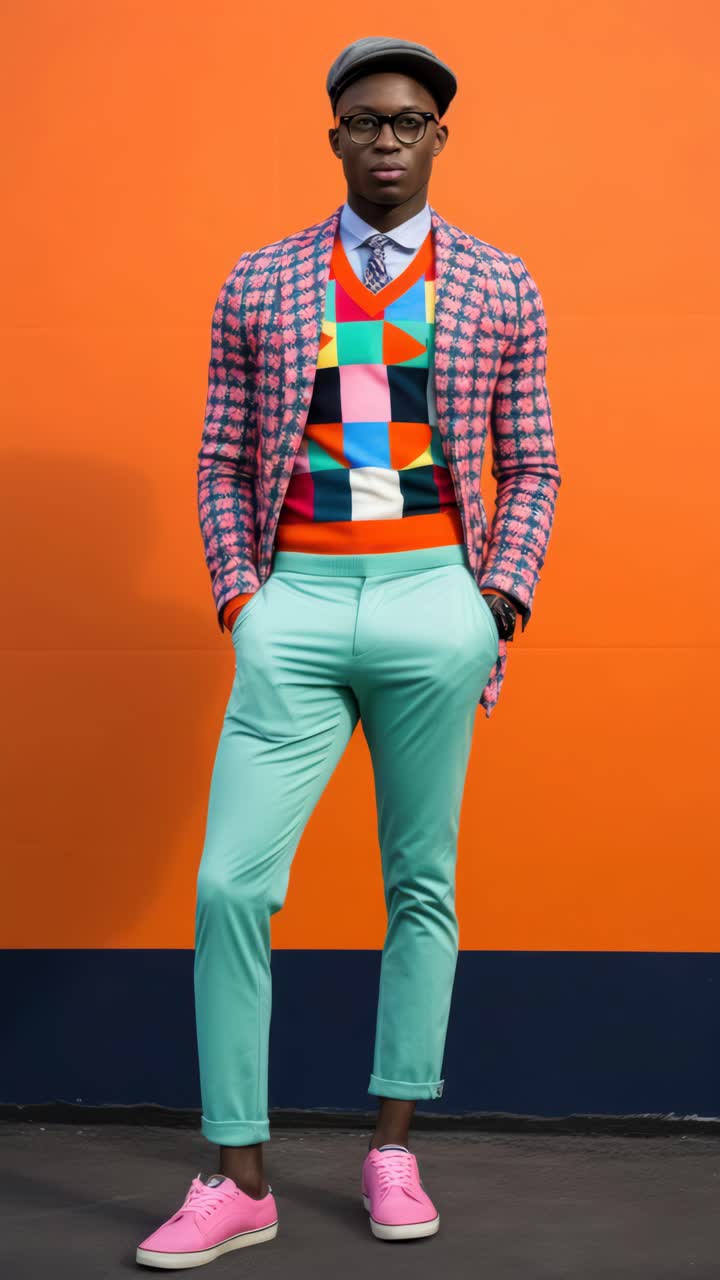 A stylish man in colorful attire poses confidently against an orange backdrop