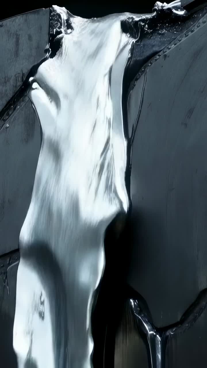 Vertical video: Pouring silver liquid flowing down center-groove of black tread from bulging pool