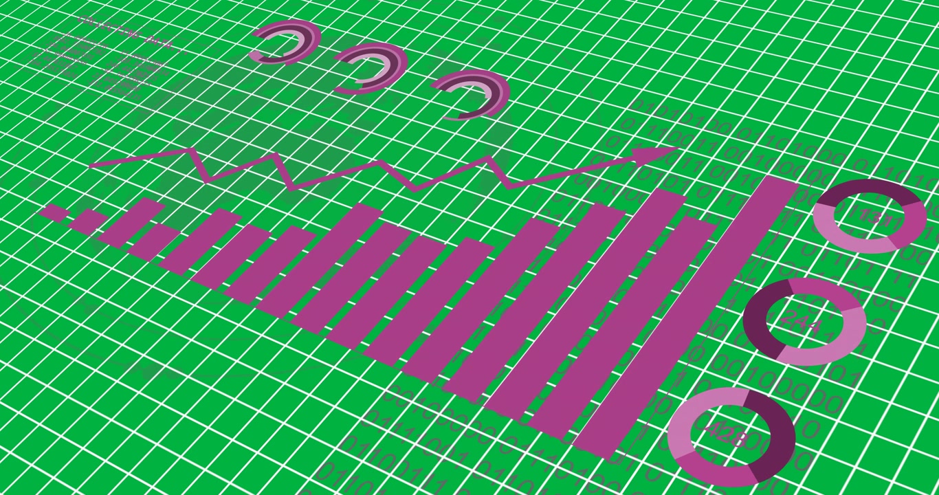 Animazione di elaborazione di grafici, statistiche e dati finanziari su sfondo trasparente