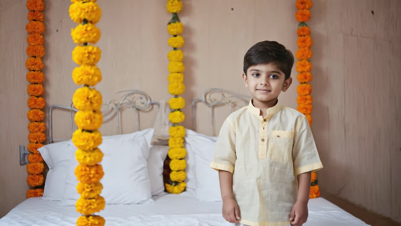 Portrait of a smiling young boy wearing traditional clothes standing in a bedroom decorated with orange and yellow marigold flower garlands celebrating a hindu festival like diwali