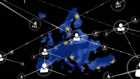 animation of network of profile icons against eu flag over eu map on black background