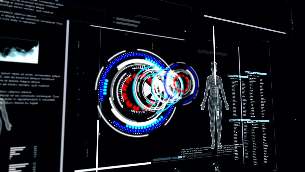 사용자 인터페이스의 4k 3d 애니메이션, 어두운 배경에서 움직이는 사이버 미래의 개념, 곡물 처리