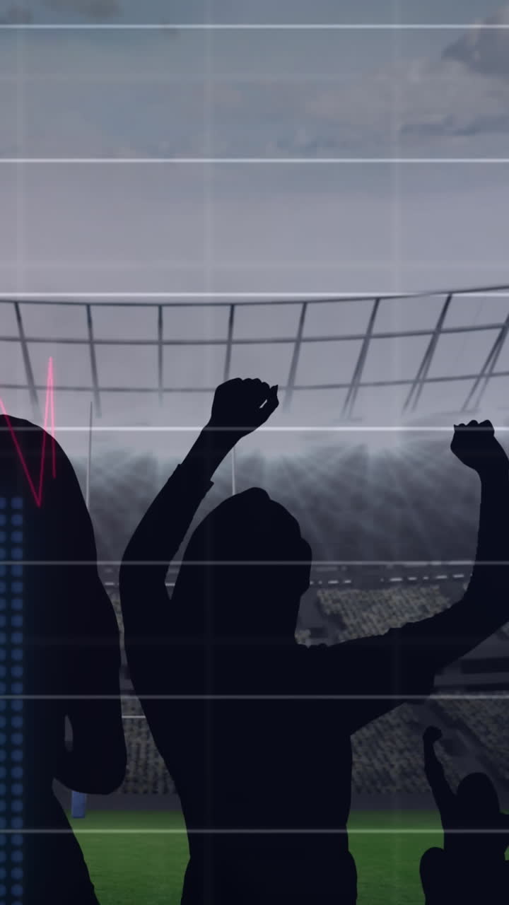 경기장에서 응원하는 스포츠 팬들에 대한 인터페이스에 대한 그래프 및 데이터 처리 애니메이션