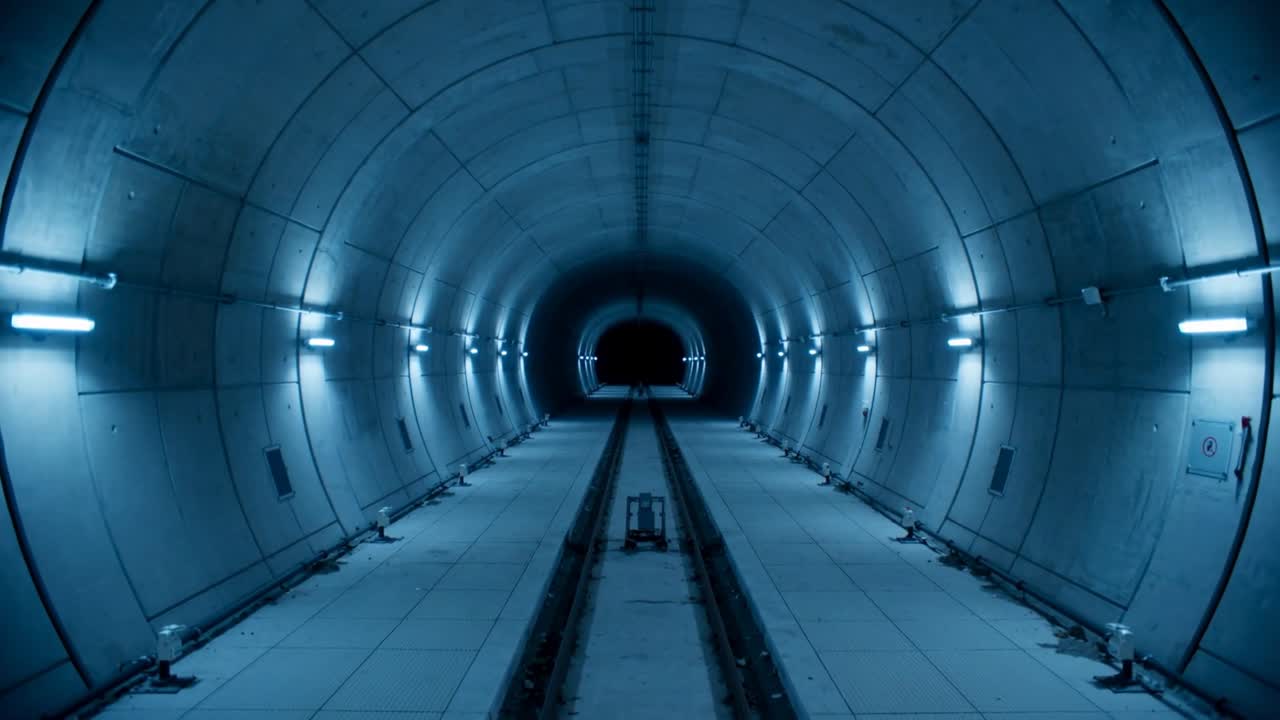 Aufnahmekamera hält stabil, erfasst Schienen in einem Betontunnel zur Inspektion, zeigt einen Trolley