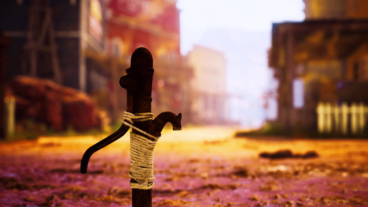 Rustic western landscape with a tied stick in a dusty old town during sunset