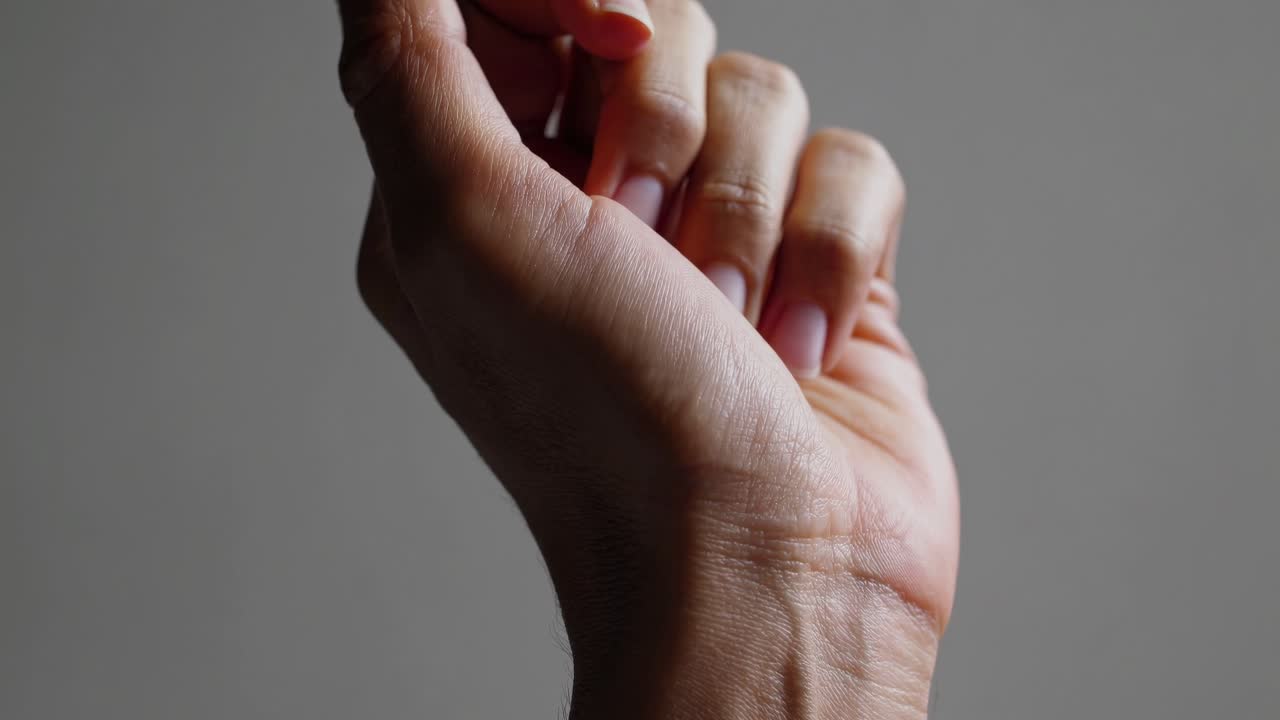 Video ravvicinato di una mano aperta su uno sfondo neutro, ripreso da un angolo laterale