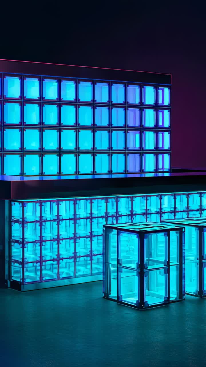 Video verticale: opera d'arte con parete a cubo incandescente che riempie lo studio di luce ciano, cubo frontale, LED rosa neon