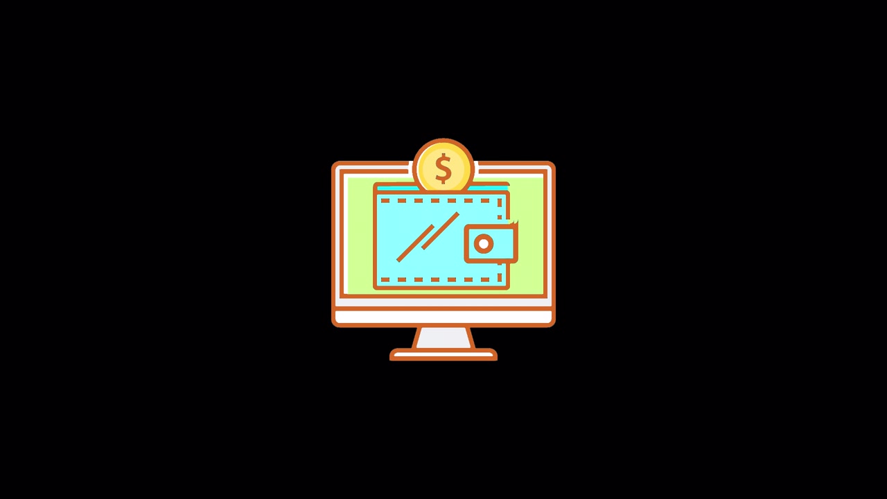Monitor di computer animato che visualizza portafoglio digitale e valuta