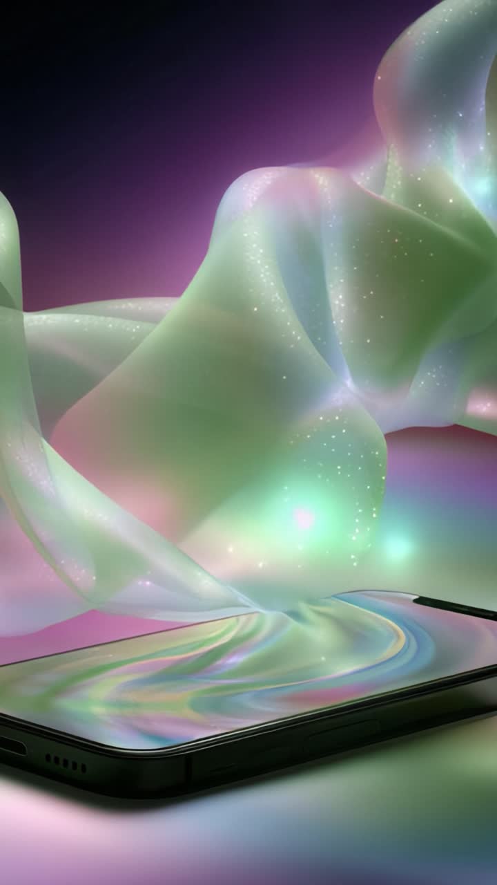 Una Impresionante Exhibición de Remolinos Abstractos y Reflejos de Luz Emergiendo de un Smartphone, Capturando la Esencia de la Innovación Digital y la Belleza Estética