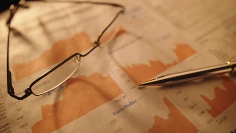 eyeglasses and pen on newspaper listing stock exchange