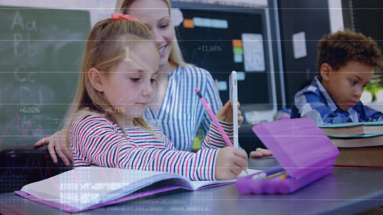 Teacher holding tablet launching classroom data overlays while guiding students writing and reading
