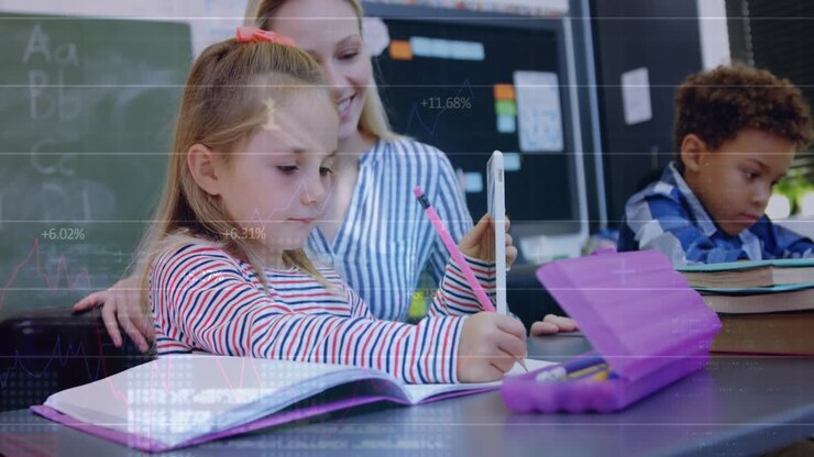 Teacher holding tablet launching classroom data overlays while guiding students writing and reading