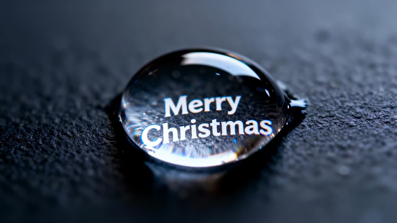 Responding to micro focus shifts transparent droplet magnifying Merry Christmas text on dark slate
