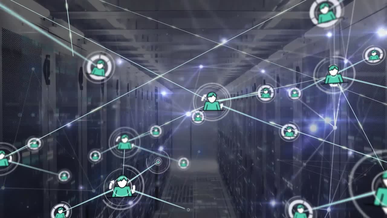 Animation of network of connections and data processing over server room