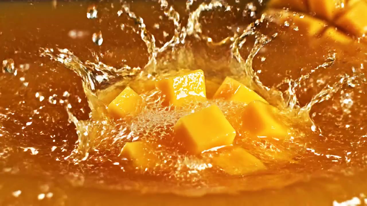 Macro di cubetti di mango fresco e succoso nel succo