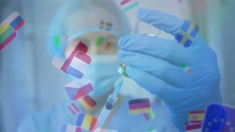 animation of country flag icons over caucasian female doctor filling syringe with covid-19 vaccine