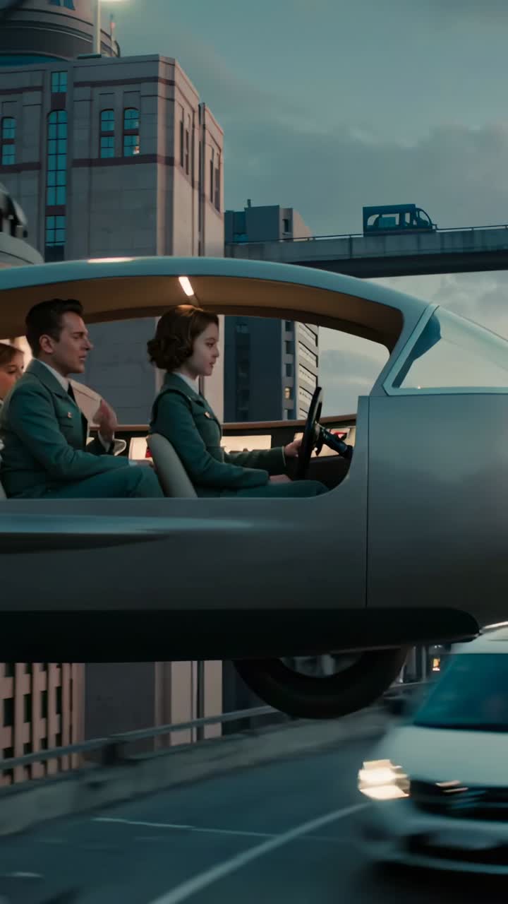 Vertical video: Ramp causing driver steering pod with crew in suits for work over road, flying cars