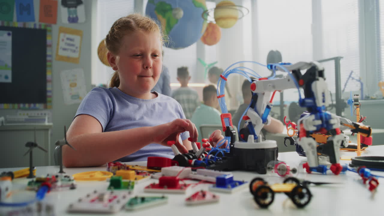 Elementary School Girl Sitting at Desk Doing Writing Tasks in School Notebook