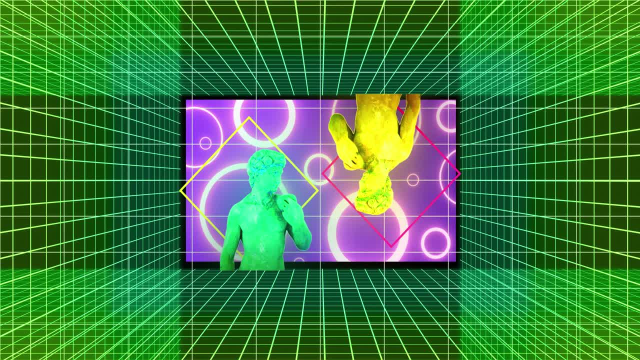 검은 바탕에 네온 모양과 조각에 대한 간섭의 애니메이션