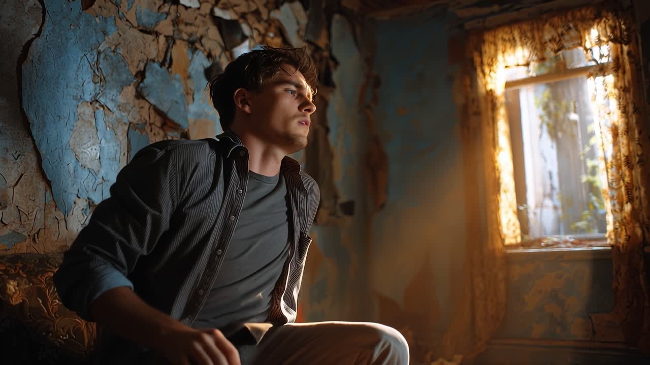 Un hombre se sienta solo en una habitación en ruinas. La suciedad y la decadencia lo rodean, en silencio y roto. La luz del sol se filtra por una ventana rota, cálida y tenue. Se agarra la cabeza, inmerso en sus pensamientos o dolor.