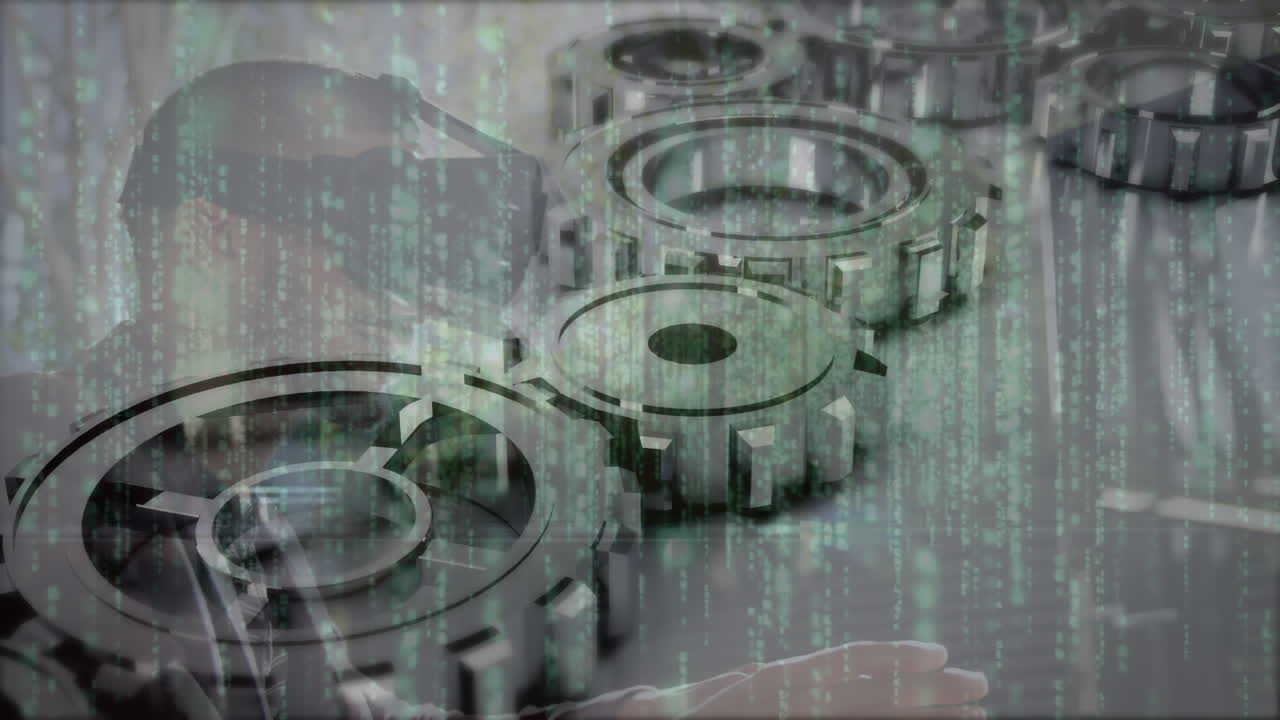 анимация зубчатых колес, вращающихся над человеком, носящим vr-гарнитуру