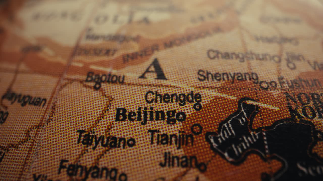 Close-up of a vintage world map focusing on China