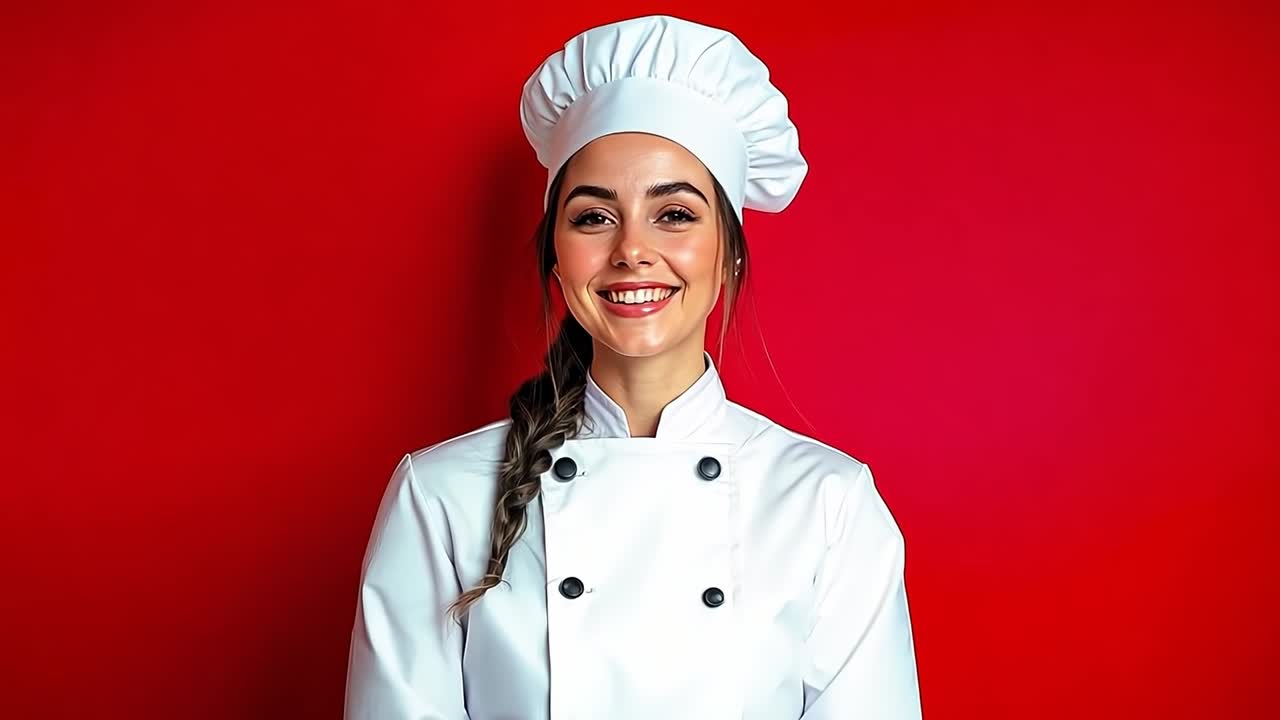 Una donna con un cappello da chef sorride alla telecamera.